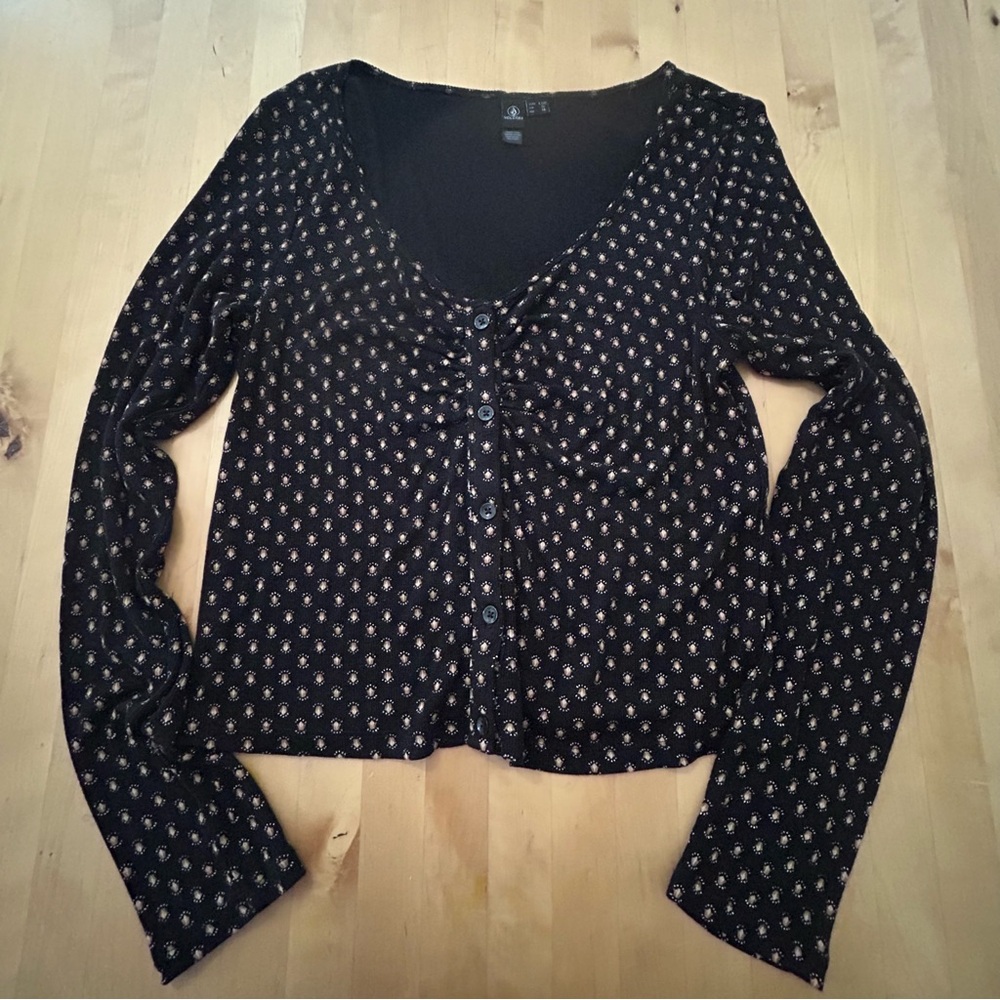 Volcom Dot Floral Design Low Cut Ribbed Texture Top Black Size L